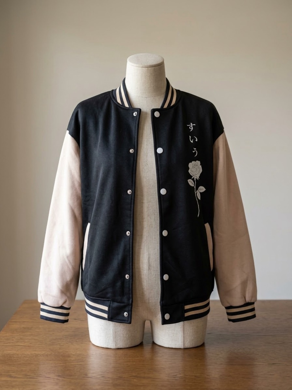 Navy Blue & Cream Rose Embroidered Varsity Jacket - Unbranded